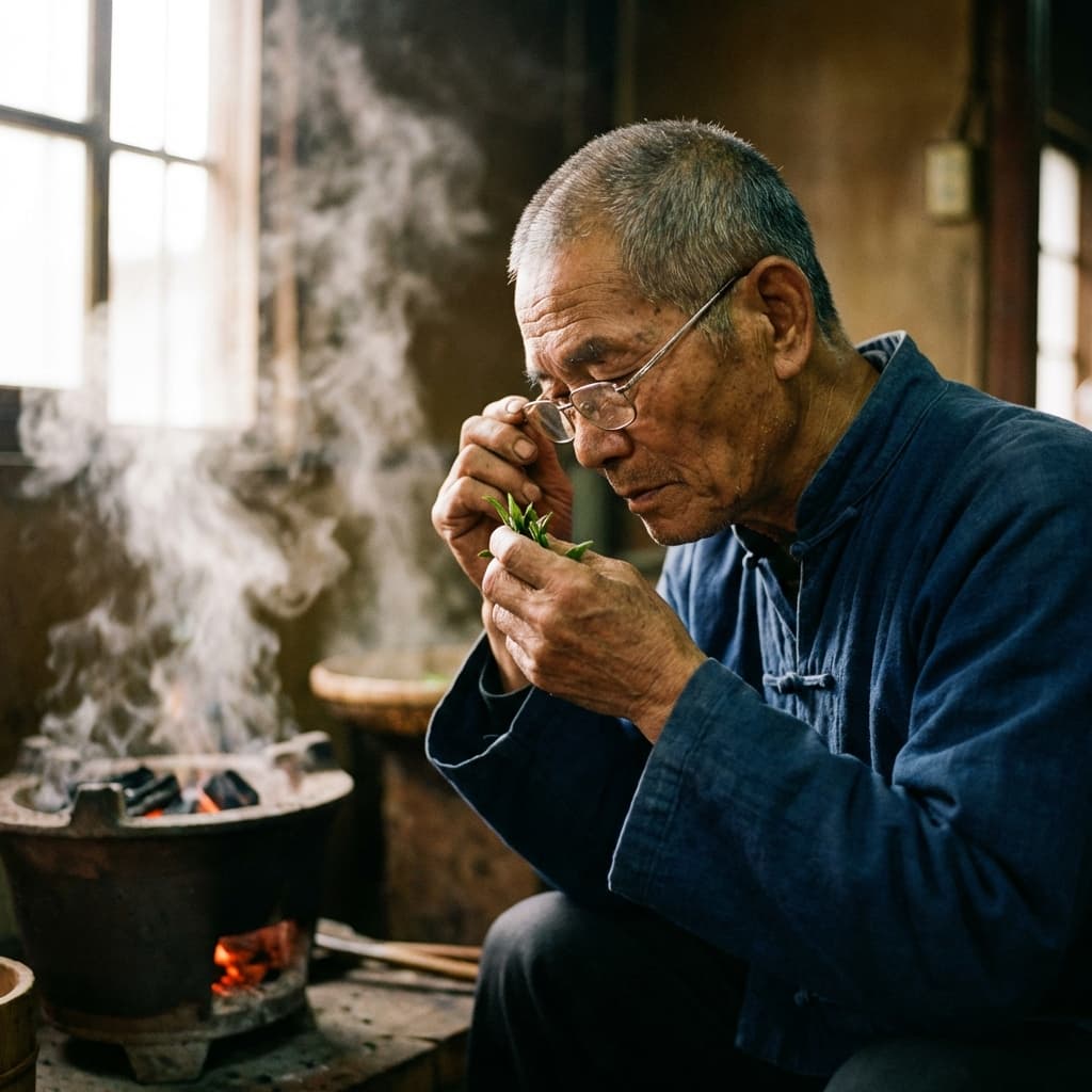 Master Lin examining tea leaves